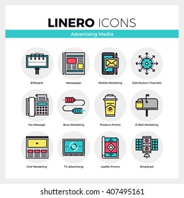 Line icons set of advertising media, marketing channels. Modern color flat design linear pictogram collection. Outline vector concept of mono stroke symbol pack. Premium quality web graphics material.