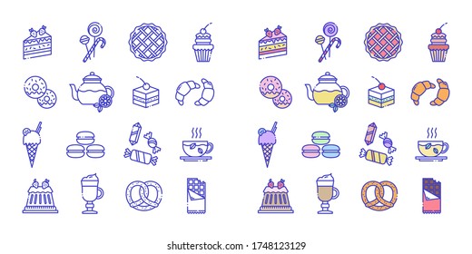 Line icons set of bakery and sweets icons. Included are badges in the form of cake, lollipops, pie, cupcake, donut, tea, croissant, ice cream, sweets, chocolate