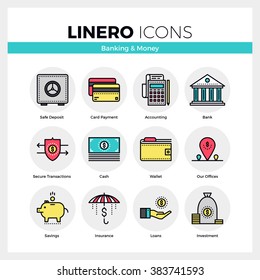 Line icons set of banking services and money savings. Modern color flat design linear pictogram collection. Outline vector concept of mono stroke symbol pack. Premium quality web graphics material.