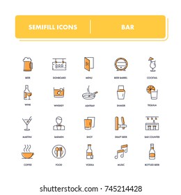 Line icons set. Bar pack. Vector illustration with drink and food elements for party