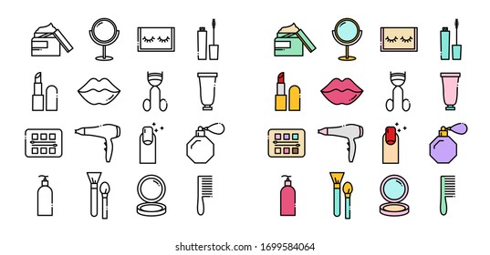 Line icons set of beauty and cosmetics icons. Included icons in the form of cream, mirrors, eyelashes, mascaras, lipsticks, lips, eyeshadow, hair dryer, manicure, perfume, lotion, brushes, powder.