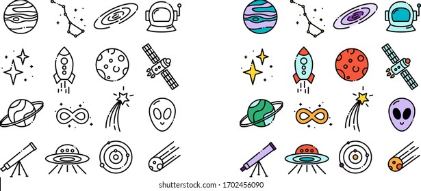 Line icons set of beauty and cosmetics icons. Included icons in the form of a planet, constellations, galaxy, astronaut, helmet, stars, rocket, moon, spaceship, Saturn, infinity, comet