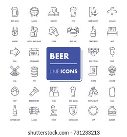 Line icons set. Beer pack. Vector illustration with drink and food elements for bar, pub or restaurant.