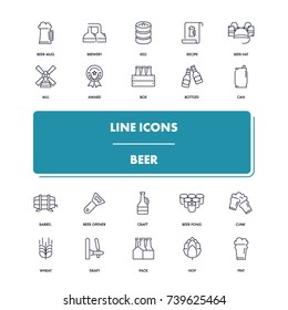 Line icons set. Beer pack. Vector illustration with drink and food elements for bar, pub or restaurant.