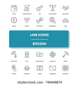Line icons set. Bitcoin pack. Vector illustration. Vector illustration with elements for cryptocurrency and blockchain 