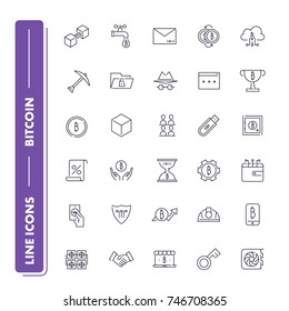 Line icons set. Bitcoin pack. Vector illustration. Vector illustration with elements for cryptocurrency and blockchain 
