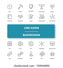 Line icons set. Blockchain pack. Vector illustration with elements for crypto technology.