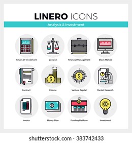 Line icons set of business analysis and market investment. Modern color flat design linear pictogram collection. Outline vector concept of stroke symbol pack. Premium quality web graphics material.