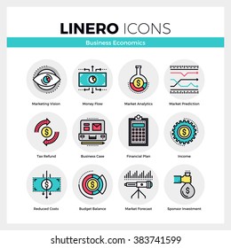 Line icons set of business economics and market analytics. Modern color flat design linear pictogram collection. Outline vector concept of stroke symbol pack. Premium quality web graphics material.