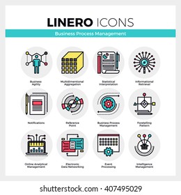 Line icons set of business process management features. Modern color flat design linear pictogram collection. Outline vector concept of mono stroke symbol pack. Premium quality web graphics material.