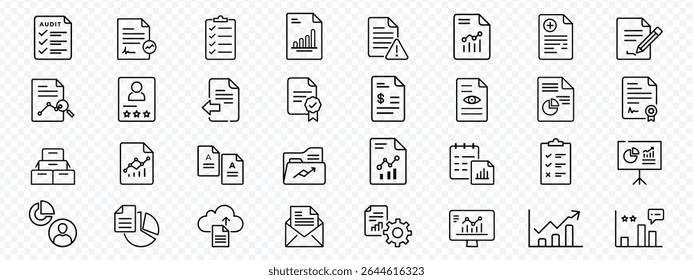 Ícones de Linha Conjunto de Relatórios de Negócios, Auditoria e Documentos Analíticos, ícones de relatórios, gráficos de dados, listas de verificação, painéis estatísticos, documentos com alertas, resumos financeiros, sincronização em nuvem