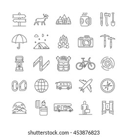 Line icons set of camping, hiking and tourism. Vector linear symbol