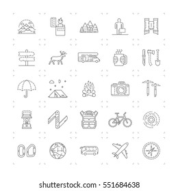 Line icons set of camping, hiking and tourism. Vector linear symbol.