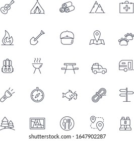 Line icons set. Camping pack. Vector illustration