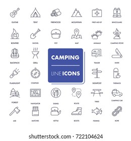Line icons set. Camping pack. Vector illustration. 