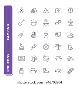  Line icons set. Camping pack. Vector illustration. 