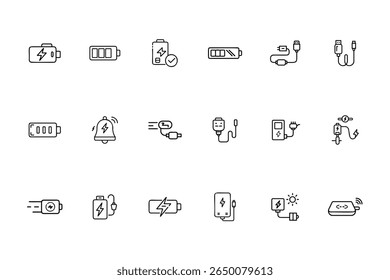 Line icons set charging batteries devices with lightning bolts U S B cables on battery