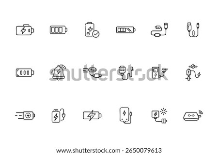 Line icons set charging batteries devices with lightning bolts U S B cables on battery