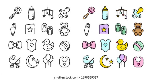 Line icons set of childhood and childhood icons. Icons included in the form of a rattle, a bottle, a mobile, pins, cards, bears, bow, clothes, ducks, a ball, a stroller, the moon and stars, balloons.