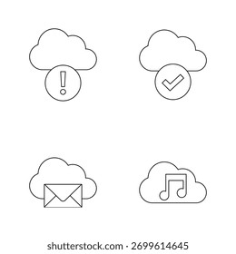 Iconos de línea configurados para advertencias en la nube, errores, música y sincronización de datos.