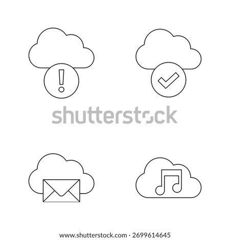 Line icons set for cloud warnings, error, music, and data sync.