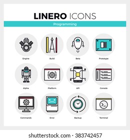 Line icons set of computer programming and software develop. Modern color flat design linear pictogram collection. Outline vector concept of stroke symbol pack. Premium quality web graphics material.