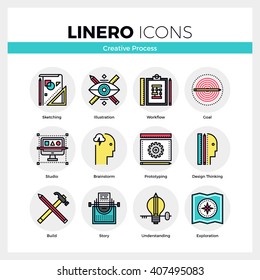 Line icons set of creative studio process, design thinking. Modern color flat design linear pictogram collection Outline vector concept of mono stroke symbol pack Premium quality web graphics material