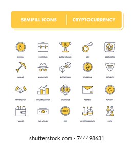 Line icons set. Cryptocurrency pack. Vector illustration with elements for fiat money, bitcoin, altcoin, ico and blockchain technology. 