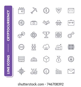 Line icons set. Cryptocurrency pack. Vector illustration with elements for fiat money, bitcoin, altcoin, ico and blockchain technology.