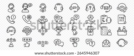 Line Icons Set of Customer Service, Technical Support, User Feedback, Customer service and support icon collection featuring call center operators, helpdesk, live chat, headphones, FAQs, feedback star