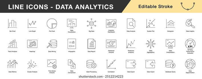 Ícones de Linha Definidos para Análise de Dados: Gráficos de Traçado Editáveis, Gráficos e Símbolos de Visualização Estatística