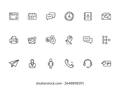 Line icons set depicting website, calendar, chat, time, contact, email, other business elements