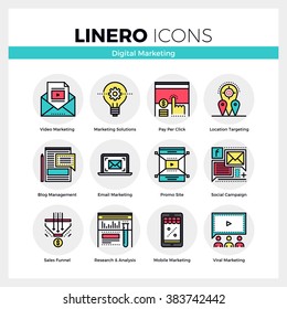 Line Icons Set Of Digital Marketing And Viral Advertising. Modern Color Flat Design Linear Pictogram Collection. Outline Vector Concept Of Stroke Symbol Pack. Premium Quality Web Graphics Material.