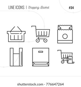 Line Icons Set of E-commerce Shopping Carts and Baskets objects. Shopping Bags and Merchandise Boxes icons. Logo icons vector illustration