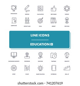 Line icons set. Education 2 pack. Vector illustration for studying, learning, teaching, Wisdom and knowledge. 