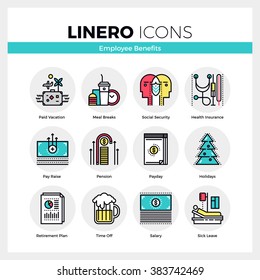 Line icons set of employee benefits in successful company. Modern color flat design linear pictogram collection. Outline vector concept of stroke symbol pack. Premium quality web graphics material.