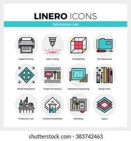 Line icons set of fabrication laboratory hardware engineering. Modern color flat design linear pictogram collection. Outline vector concept of stroke symbol pack. Premium quality web graphics material