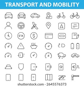line icons  set featuring modern transport and mobility elements. Includes car, bus, scooter, bicycle, EV charger, map, location pin, navigation, road signs, and ride-sharing. Great for apps, 