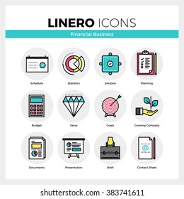 Line icons set of financial business for company growth. Modern color flat design linear pictogram collection. Outline vector concept of mono stroke symbol pack. Premium quality web graphics material.