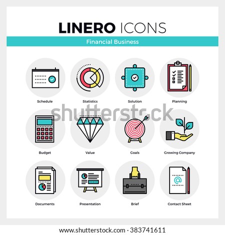 Line icons set of financial business for company growth. Modern color flat design linear pictogram collection. Outline vector concept of mono stroke symbol pack. Premium quality web graphics material.