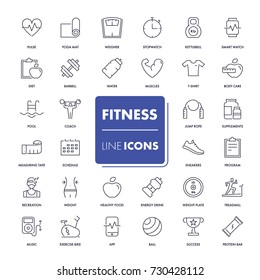 Line icons set. Fitness pack. Vector illustration for activity life and gym, health care and sport.