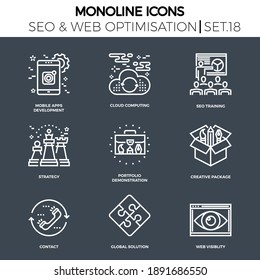 Iconos de línea con diseño plano de seo. Desarrollo de aplicaciones móviles, computación en la nube, capacitación en seo, estrategia, demostración de carteras, paquete creativo, contacto, solución global, visibilidad web.