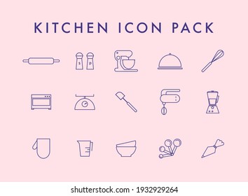 Line icons set in flat design. Elements of Cooking Foods and Kitchen outline and baking. Modern infographic linear vector illustration.