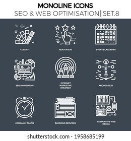 Line icons set with flat design of seo. Colors, reputation, events calendar, seo monitoring, internet marketing strategy, anchor text, campaign timing, blogging services, responsive web design.