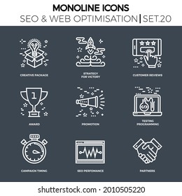 Line icons set with flat design of search engine optimization. Victory strategy, creative package, customer reviews, award, promotion, testing programming, campaign timing, seo perfomance, partners