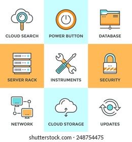 Line icons set with flat design elements of cloud computing communication technology, internet hosting service, network folder sharing, technical tools. Modern vector pictogram collection concept. 