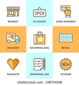 Line icons set with flat design elements of retail services and market goods selling, shopping and buying products, logistics services and price scanning. Modern vector pictogram collection concept.  