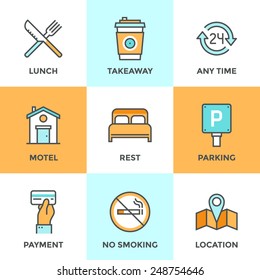 Line icons set with flat design elements of motel accommodation services, small hotel general amenities, parking and no smoking sign, open for 24 hours. Modern vector pictogram collection concept.