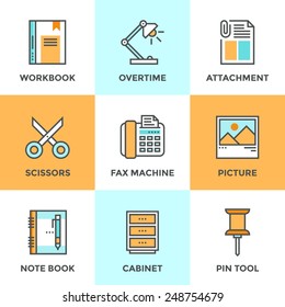 Line icons set with flat design elements of office tools and utensil, business equipment for everyday task, paperwork and routine object. Modern vector pictogram collection concept.