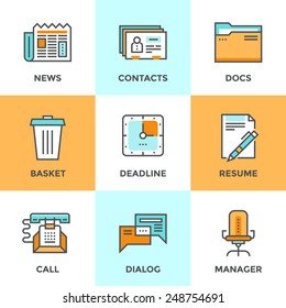 Line icons set with flat design elements of office management process, business organization, selection of human resources and corporate contacts. Modern vector pictogram collection concept. 